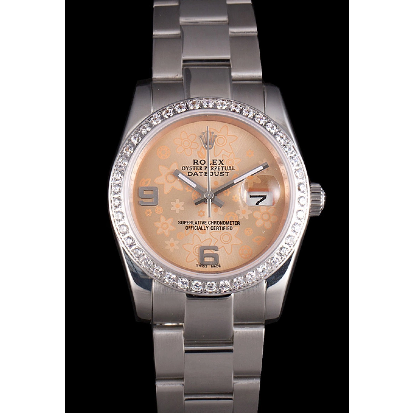 MiroTime 0804 Rolex Datejust Polished Stainless Steel Orange Flowers Dial Diamond Plated